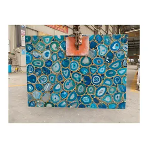 Natural Luxury Style Blue Agate Stone With Gold Foil Gemstone Wall Panel