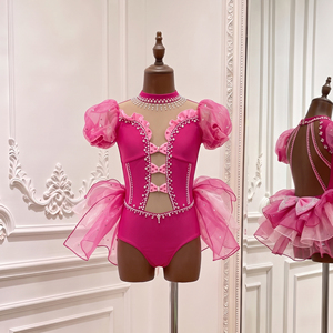 Traje de Danza Jazz Lírico Personalizado para Niñas, Spandex/Poliéster, Pedrería, Malla Rosa, Manga Abullonada, para Competencia y Escenario - Product Image 3