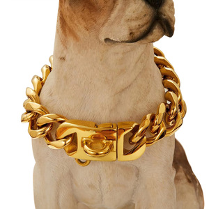 ปลอกคอสุนัขสแตนเลสสตีลสีทองแบบหรูหรา ขนาด 23 มม. ป้องกันการกัด แบบ Cuban Link พร้อมสายคล้องและกระดิ่งเล็ก สำหรับสุนัขขนาดเล็ก กลาง และใหญ่ - Product Image 1