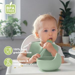 Ensemble de vaisselle pour bébé en silicone certifié avec logo personnalisé, pour l'autonomie alimentaire, comprenant <span class=keywords><strong>assiette</strong></span> à ventouse, bol et bavoir - Product Image 2