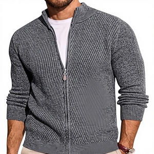 Nouveau style automne-hiver : Cardigan en maille zippé, couleur unie, col montant, coupe ajustée, décontracté, anti-boulochage, épais pour homme - Product Image 1