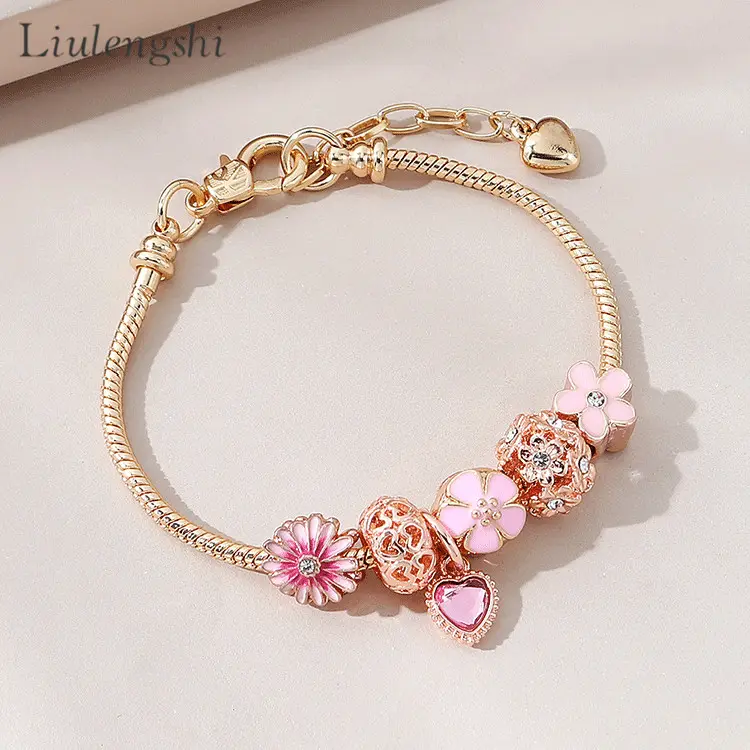 Pulseira bracelete com pingente em cristal, pulseira prateada com pingente de cristal, flor, formato de coração, para presente, ajustável, rosa, dourado