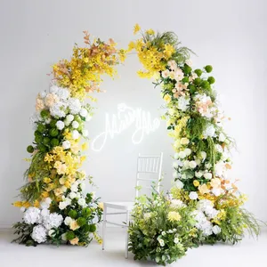 Escenario DE BODA Flores blancas artificiales de alta calidad Decoraciones para eventos Flor Arco de jardín amarillo Fondo de pared de flores al aire libre