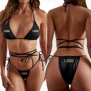 Logotipo personalizado Bikini Precio <span class=keywords><strong>de</strong></span> fábrica Mujeres Sexy Correas Halter Cross Front High Cut Tanga 2 Piezas Bikini Set Traje <span class=keywords><strong>de</strong></span> baño - Product Image 2