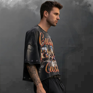Camiseta de streetwear personalizada de algodón de 300GSM de alto gramaje con lavado efecto sucio, corte oversize y boxy, estilo cropped, con gráfico de pedrería para hombre - Product Image 2