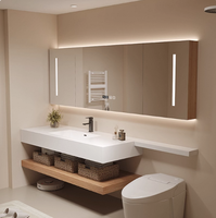 Kabinet Kamar Mandi LED Modern dengan Cermin, Desain Khusus, Dilengkapi Wastafel Porselen Dua Lapis Batu Sinter, Tahan Air, dan Berdiri di Lantai