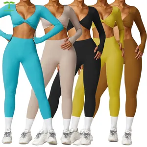 Manufacturer Customized Women Gym Sets Shorts Leggings Crop Top Yoga Sets Women U-Shaped Neckline Gym Wear Women Sets