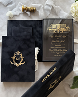 Caja de Invitación de Boda de Terciopelo Verde Esmeralda, Invitaciones Personalizadas con Monograma Dorado, Tarjeta con Bolsillo para RSVP, Cajas de Empaque de Lujo