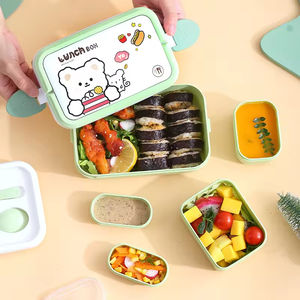 Boîte à lunch en plastique PP pour enfants avec cuillère et fourchettes pour l'école, le camping, le stockage des aliments, boîte bento à 2 étages avec poignée - Product Image 2