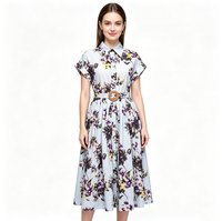 Women Vintage Floral Print Shirt Dress Short Sleeve Collar Button Down Midi Skirt Elegant Belted Summer Casual Party Dress