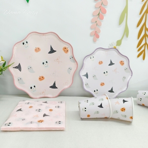 Kit de Fournitures de Fête Damai pour Halloween : Vaisselle Jetable, Assiettes en Carton, Gobelets, Serviettes – Motifs Fantôme et Citrouille - Product Image 1