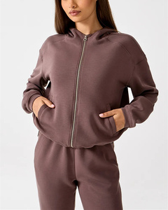 ODM OEM personnalisé vente en gros de haute qualité sweat à capuche zippé ample deux pièces ensemble couleur unie classique mode loisirs vêtements pour femmes - Product Image 3
