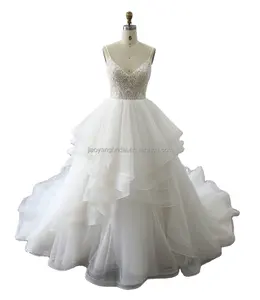 New Fashion Real Picture Sexy V Neckline Lace Wedding Dress A Line With Tiered Train