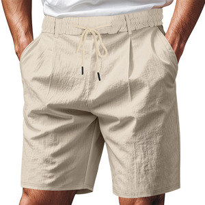 Shorts en lin pour hommes transfrontaliers, respirants, décontractés, pour la plage, à cinq points, avec cordon de serrage et taille élastique, couleur kaki - Product Image 1