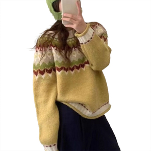 Tenue Automne-Hiver, Design Rayé Rétro, Sens du Color Block, Col Revers, Pull en Tricot, Manteau, Haut Ample Amincissant pour Femmes - Product Image 2