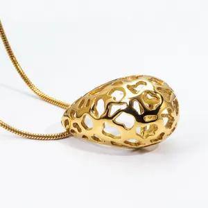 Non Tarnish Stainless Steel Necklace Luxury Waterproof Jewelry Gold Plated Hollow Out Drop Tear Pendant Necklace