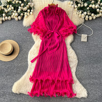 Robe décontractée élégante WIWT pour femme, jaune et blanche à rayures, avec volants et ceinture, idéale pour le quotidien et les vacances