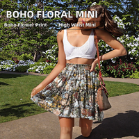 NASHALYLY Mini-jupe pour femme, style bohème, imprimé floral, respirante, taille haute, à volants, avec cordon de serrage
