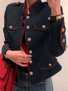 Giacca Corta da <span class=keywords><strong>Donna</strong></span>, Bottoni Dorati, Bordatura Rossa a Contrasto, Decorazione Spallina, Vestibilità Slim, Cappotto Casual - Product Image 1