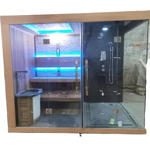 Buiten Of Binnen Droge En Natte Stoom Sauna Douche Combinatie Traditionele Harvia Kachel Rode Ceder Met Kleur Led Strip