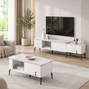 Meuble <span class=keywords><strong>TV</strong></span> en MDF avec plateau en pierre frittée et placage de chêne naturel scandinave, pour hôtel, villa, salon, avec rangement écologique, disponible en gros - Product Image 1