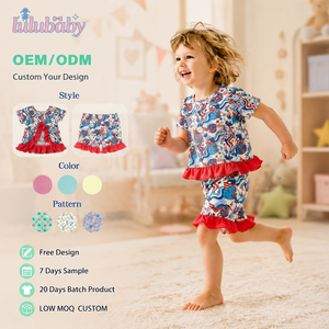 Set di <span class=keywords><strong>Abbigliamento</strong></span> per Bambine DH ODM Boutique con Stampa Patriottica Retrò, Pigiama Elasticizzato in Bambù con Volant per il Mercato USA e Australia - Product Image 1