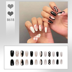 Faux ongles à presser noirs et beiges, motif damier et tourbillon, couverture complète, réutilisables, pour usage quotidien féminin, bureau et fêtes - Product Image 1