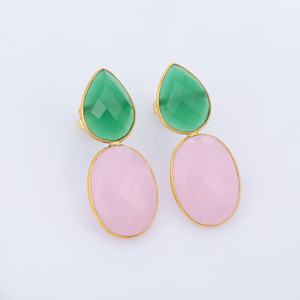 Boucles d'oreilles en argent sterling 925 plaqué or bijoux à goutte courte avec onyx vert et pierre de calcédoine rose pour filles et femmes - Product Image 4