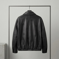 Blouson Bomber en Peau de Mouton Noir pour Femme, Col Chemise, Broderie Papillon, Fermeture à Boutons Pression, Ourlet Froncé Élastique, Coupe Ample, Manteau Court en Cuir