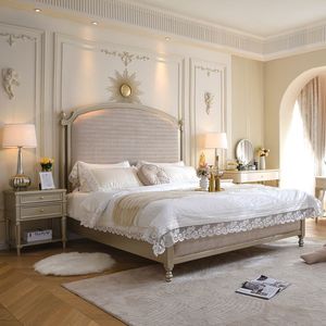 Cama de Madera Maciza Estilo Francés Color Crema, 1.5/1.8 Metros, Tamaño King, Moderna, Minimalista, para Recámara Principal, de Alta Gama - Product Image 1