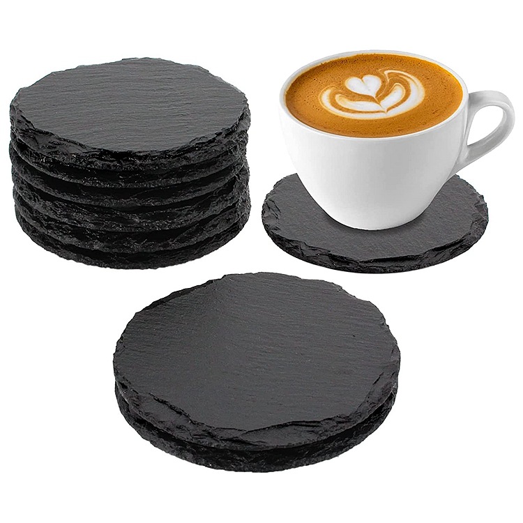 Grosir coaster hitam Non-Slip ukiran minuman batu tulis batu besar Set coaster bulat