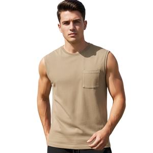Camisetas sin mangas de algodón para hombre, transpirables, de corte holgado, con bolsillo, para gimnasio, de verano, precio bajo, modelo TKAN996D, con logo personalizado. - Product Image 1