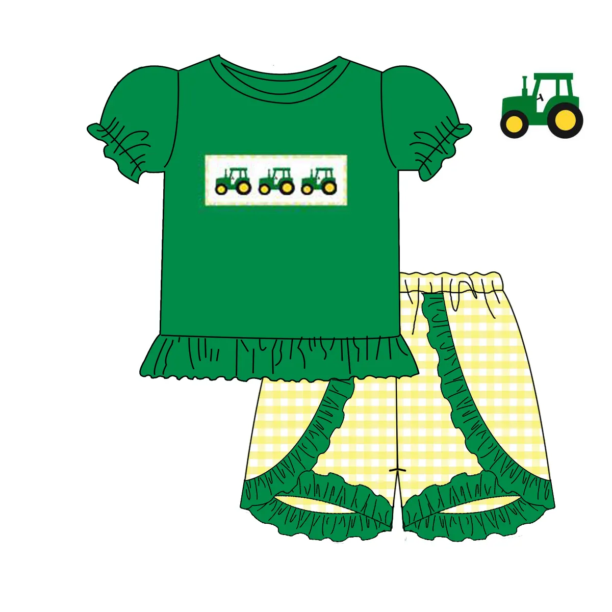 Custom logo baby girl casual green short sleeve top with green ruffled yellow and white gingham shorts