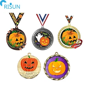 Wholesale Supplier Gold Halloween Medals Custom logo Spinning Halloween Pumpkin Award Soft Enamel Medal With Ribbon Trophies