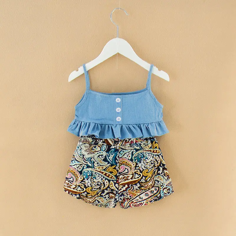Bebek kız giysileri 2 adet fırfır kıyafetler kısa kollu gömlek Denim üstleri + çiçek pantolon için son tasarımlar kızlar için 1-5 yıl