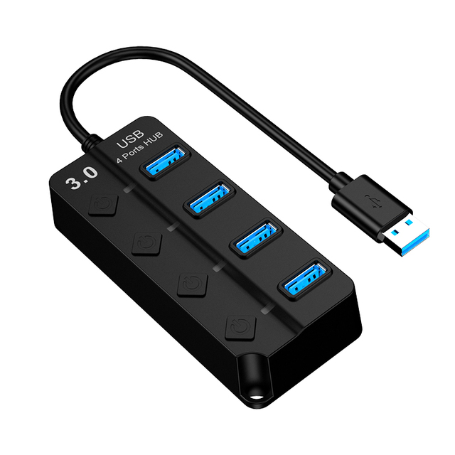 Black ABS Portable USB 3.0/2.0 4-Port Hub with Switch and LED Indicator Light for Laptop 100% OEM Compatible