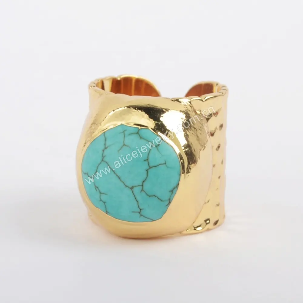 G1881 chakra pedra natural turquesa anéis redondos para homens anel de ouro