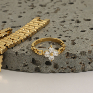 J&amp;D Modern Luxury 18K Gold Stainless Steel Lucky Leaf Clover Zircon <strong>Watch</strong> <strong>Rings</strong> for Women - Product Image 5