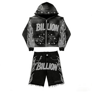 Ensemble Sur-Mesure Sweat à Capuche Délavé et Short, Tenue de Sport Streetwear Coupe Courte Dégraissée, Survêtement à Strass Effet Vieilli avec Sweat à Capuche Zippé et Pantalon de Survêtement - Product Image 2