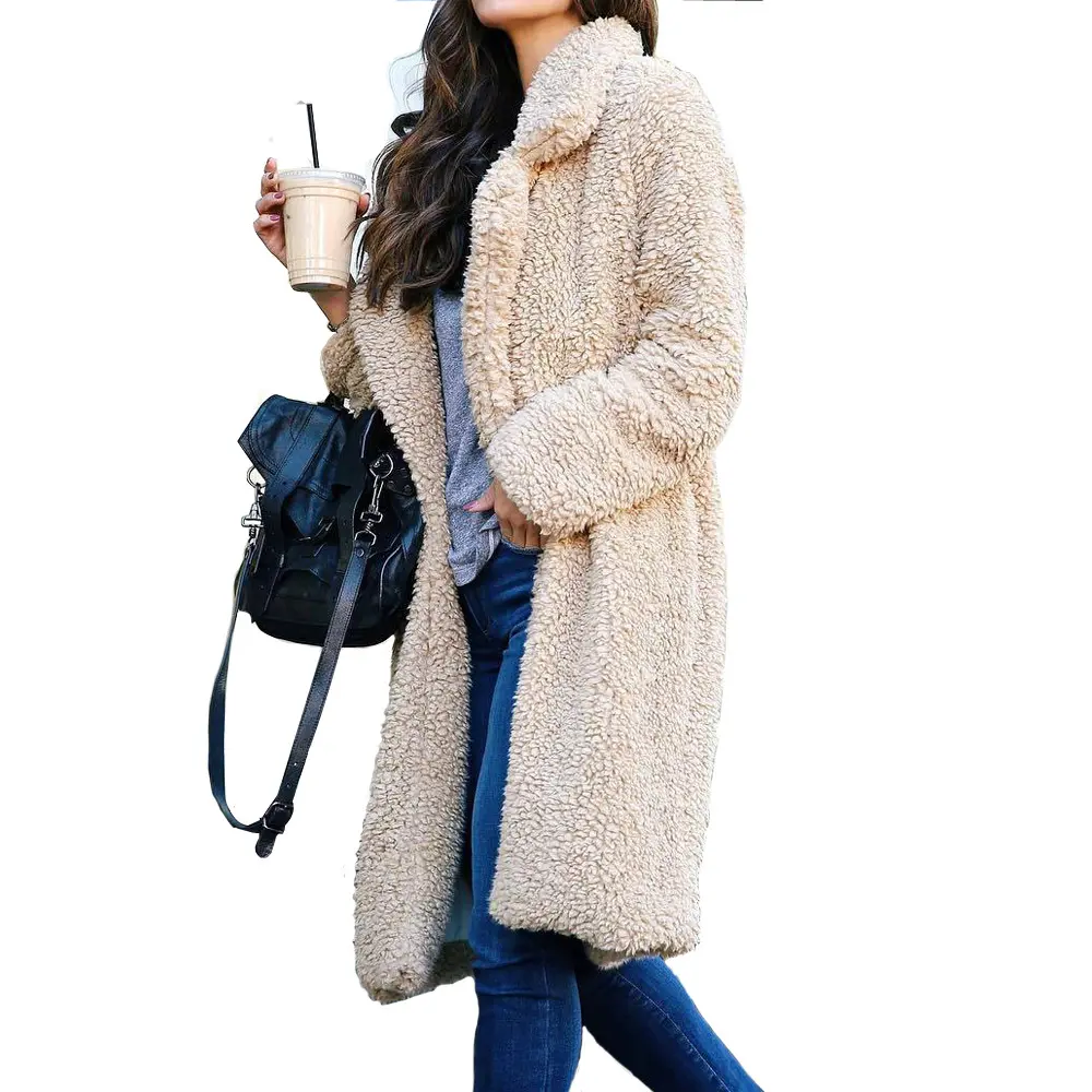 우아한 여성용 겨울 코트 두꺼운 인조 모피 Lambswool & Wool 혼합 X-롱 재킷 다운 필링 부드러운 따뜻한 양털 스타일