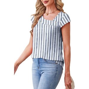 FOXA Blouse rayée à manches courtes pour femme, col carré, en popeline respirante, haut décontracté, tenue d'été - Product Image 4
