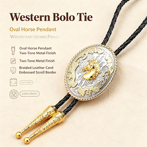 Cravate Bolo Western avec pendentif ovale en forme de cheval, finition métallique bicolore, cordon en cuir tressé, style classique, accessoire à porter au quotidien - Product Image 1