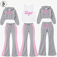 Ensemble de survêtement 3 pièces pour femme avec logo personnalisé, style Y2K décontracté, comprenant un sweat à capuche court zippé, un débardeur et un pantalon de survêtement évasé, idéal pour la détente