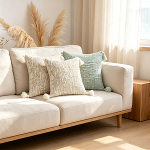 Premium Chenille Throw <b>Pillow</b> Cover Neutral Textured Design With Tassels Sofa <b>Bed</b> Decor Cushion Cover - Product Image 1