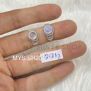 Anillo de Plata de Ley 925 con Piedra Lunar Arcoíris de Fuego Azul Natural y Cuarzo Rosa, Joyería Fina para Bodas y Fiestas - Product Image 1