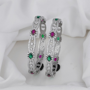 Intricate Floral Design Silver Bangles by Designer Classic Style with <b>Ruby</b> Emerald Tones for Special Occasions Fine Jewelry Set - Product Image 1