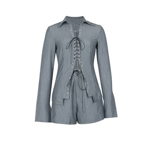 Completo Casual a Righe 2 Pezzi da Donna <span class=keywords><strong>con</strong></span> Top Corto a Maniche Lunghe <span class=keywords><strong>con</strong></span> Lacci e Camicetta - Product Image 6