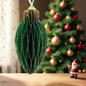 Adorno de Navidad de diseño en forma de Olivo de papel plegable verde hecho a mano al por mayor con líneas de purpurina plateada decoración colgante de árbol - Product Image 1