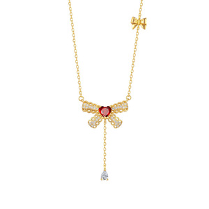 Collier Princesse Fugitive en Argent Sterling S925, Pendentif Cœur en Or avec Pierre de Cristal Naturelle Topaze et Nœud Pompon, pour Mariage - Product Image 1