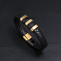 Bracelet en cuir tressé bicolore pour homme, fermoir magnétique en acier inoxydable avec perles dorées et noires